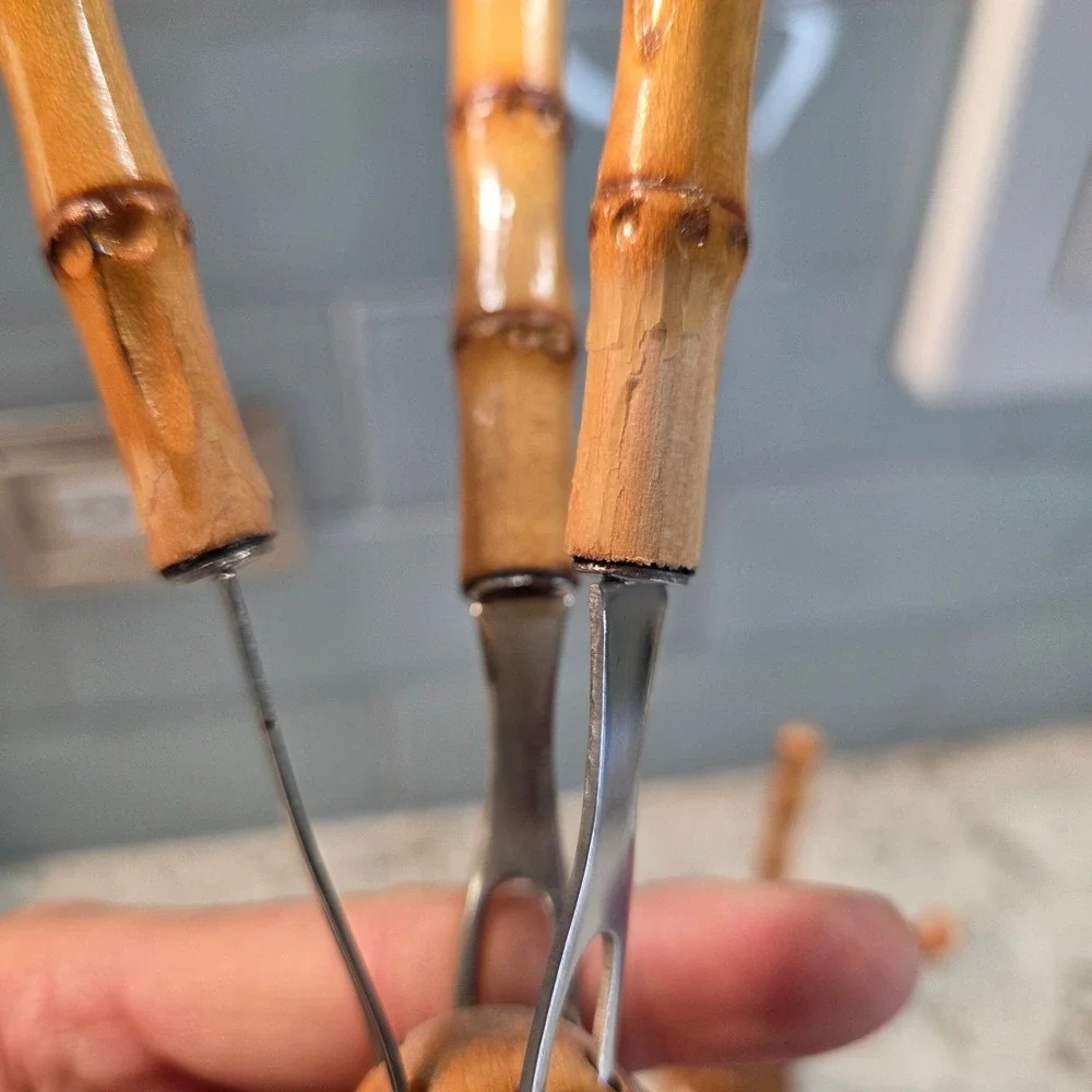 Vintage Heinz Reiffig Leipzig Bamboo Style Cocktail Pick Set Wood Base 6 Forks